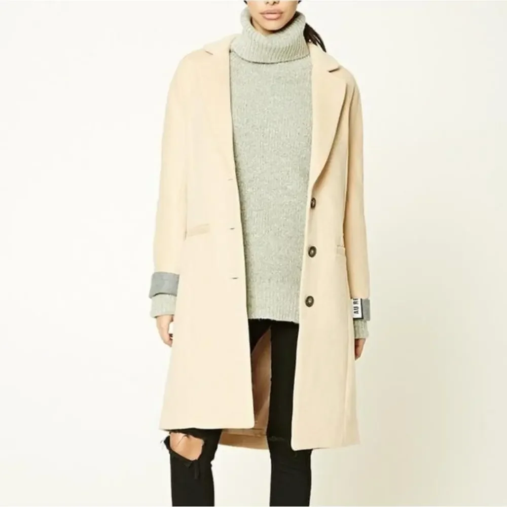 Forever 21 Au Revoir Overcoat Longline Car Coat Neutral Tan Single Breasted‎ - Picture 11 of 12